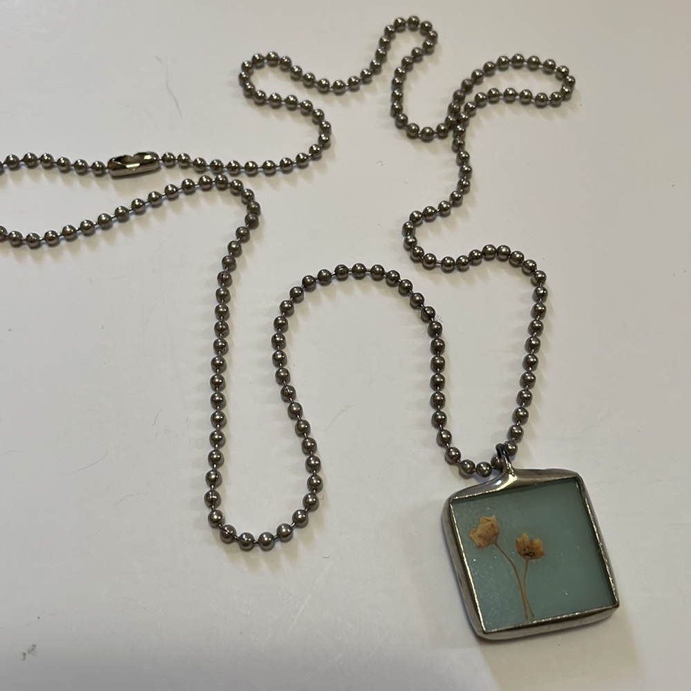 Artisan Pressed Flower Blue Necklace w/ Silver Ball Chain